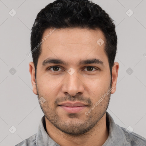 Neutral white young-adult male with short  black hair and brown eyes