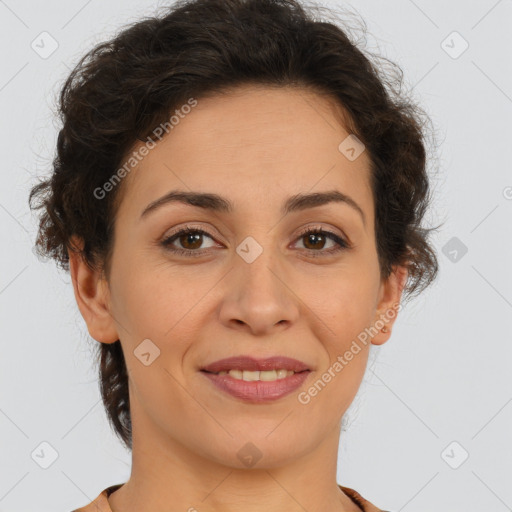 Joyful white adult female with short  brown hair and brown eyes