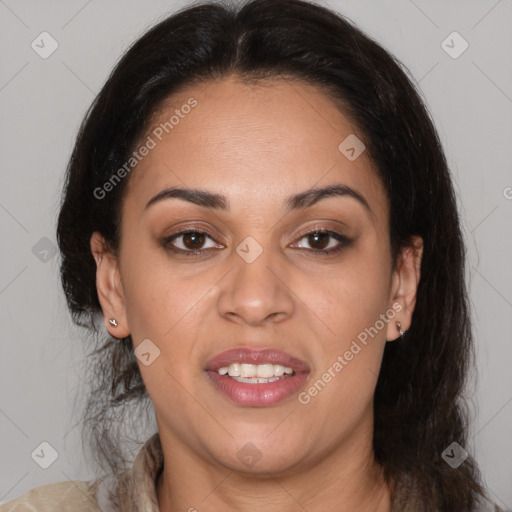 Joyful latino young-adult female with medium  brown hair and brown eyes