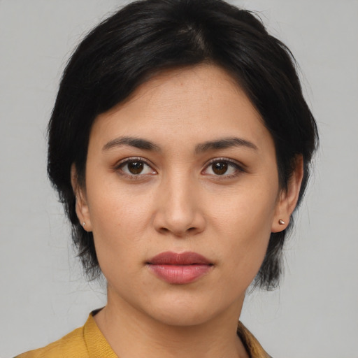 Neutral asian young-adult female with medium  black hair and brown eyes