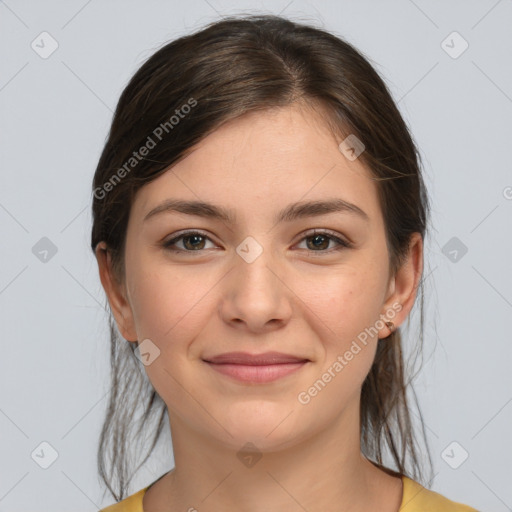 Joyful white young-adult female with medium  brown hair and brown eyes