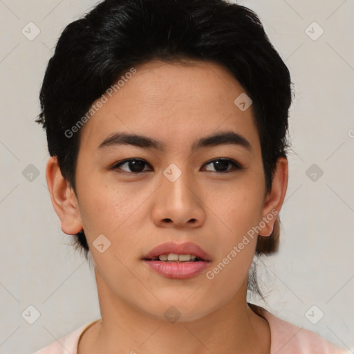 Joyful asian young-adult female with medium  black hair and brown eyes