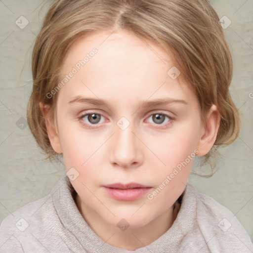 Neutral white child female with medium  brown hair and blue eyes