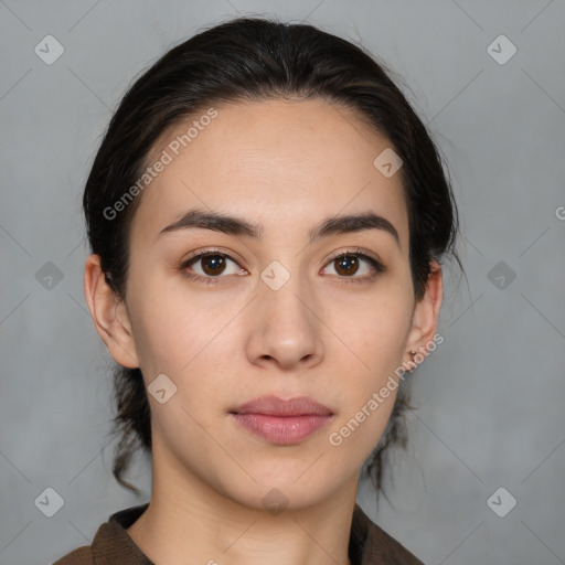 Neutral white young-adult female with medium  brown hair and brown eyes