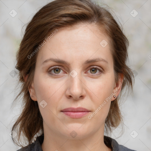 Joyful white young-adult female with medium  brown hair and blue eyes