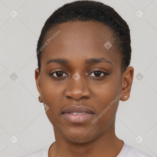 Neutral black young-adult female with short  black hair and brown eyes