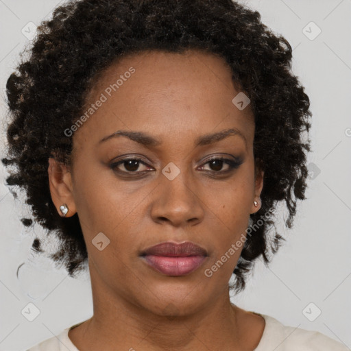 Neutral black adult female with short  brown hair and brown eyes