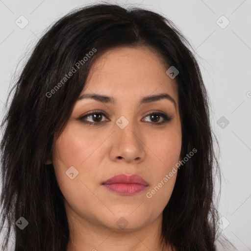 Joyful white young-adult female with long  brown hair and brown eyes