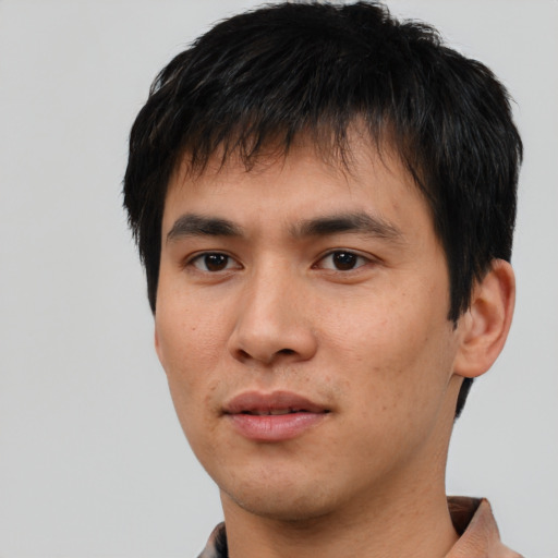 Neutral asian young-adult male with short  brown hair and brown eyes