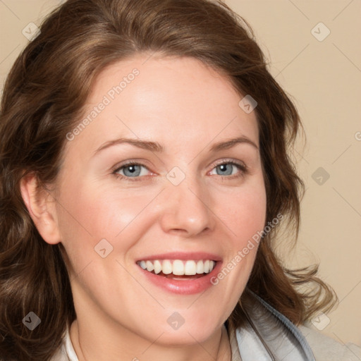 Joyful white young-adult female with medium  brown hair and blue eyes