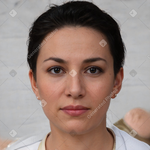 Neutral white young-adult female with short  brown hair and brown eyes