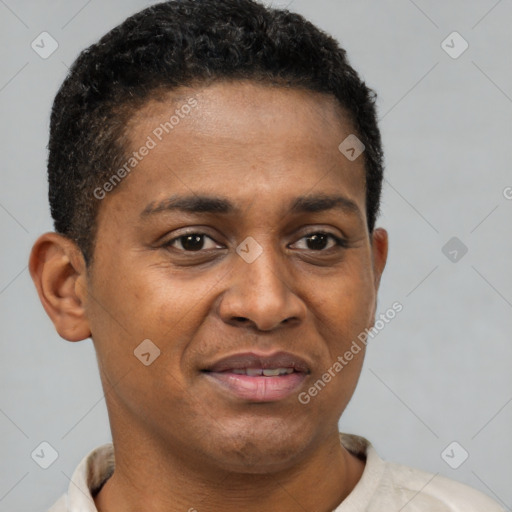 Joyful latino young-adult male with short  brown hair and brown eyes