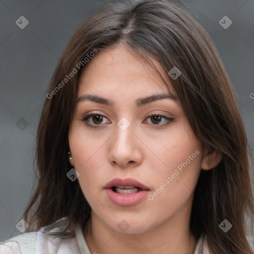 Neutral white young-adult female with medium  brown hair and brown eyes