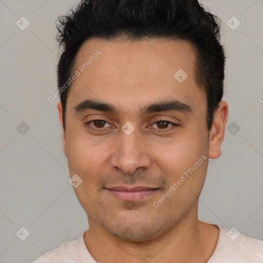 Joyful asian young-adult male with short  black hair and brown eyes