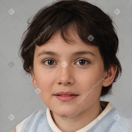 Joyful white child female with medium  brown hair and brown eyes