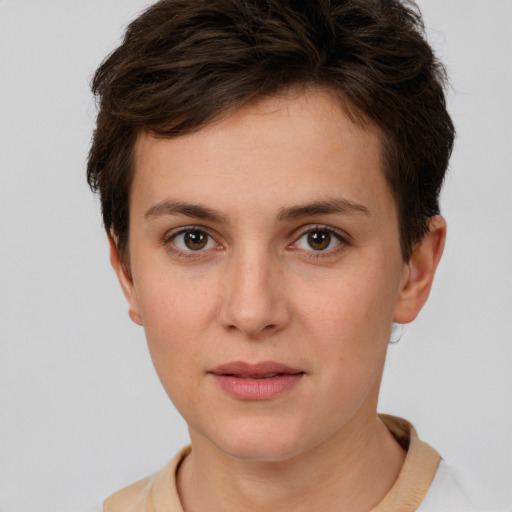 Neutral white young-adult female with short  brown hair and brown eyes