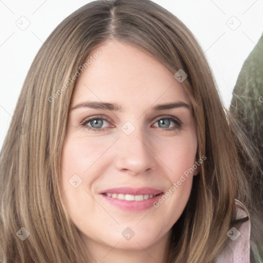 Joyful white young-adult female with long  brown hair and green eyes