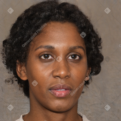 Neutral black young-adult female with medium  brown hair and brown eyes