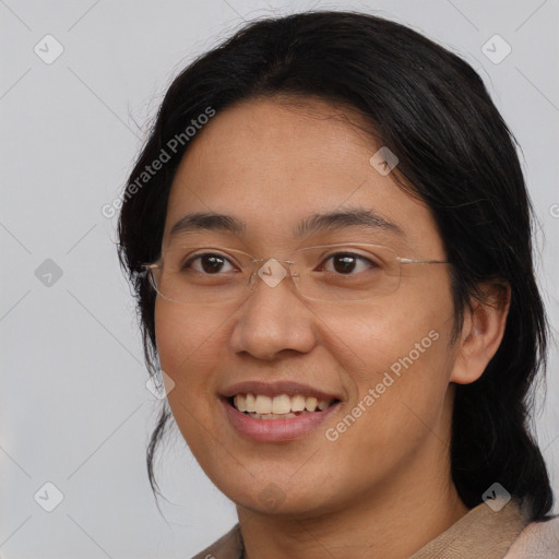 Joyful asian young-adult female with medium  brown hair and brown eyes