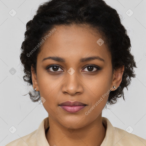 Joyful black young-adult female with long  brown hair and brown eyes