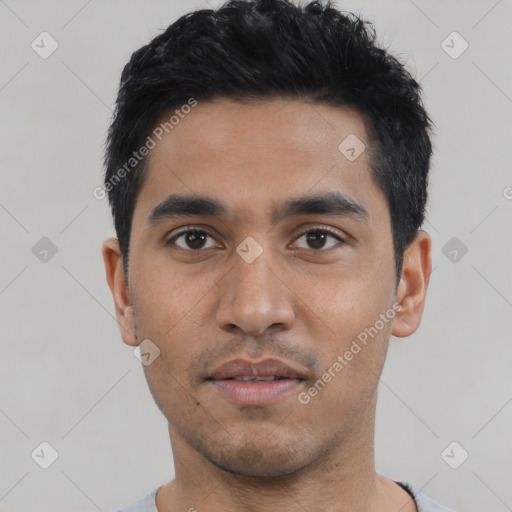 Neutral asian young-adult male with short  black hair and brown eyes