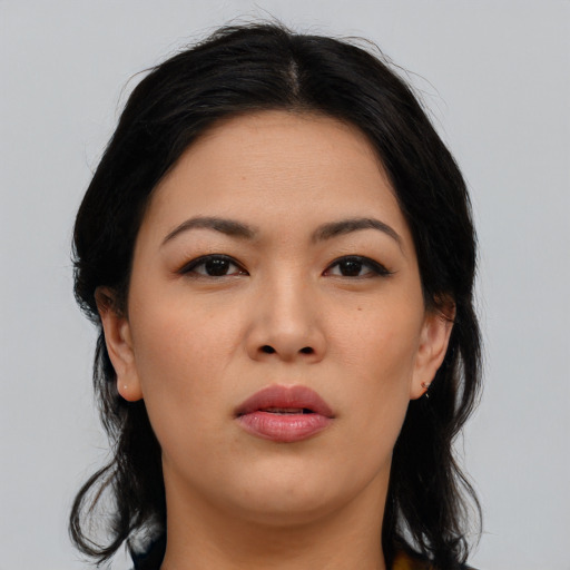 Neutral asian young-adult female with long  black hair and brown eyes