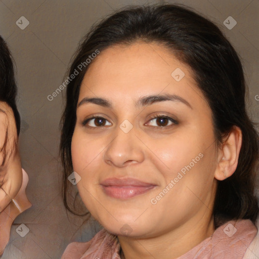 Joyful latino young-adult female with medium  brown hair and brown eyes