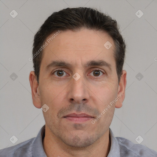 Neutral white adult male with short  brown hair and brown eyes