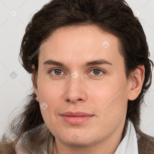 Joyful white young-adult male with medium  brown hair and brown eyes