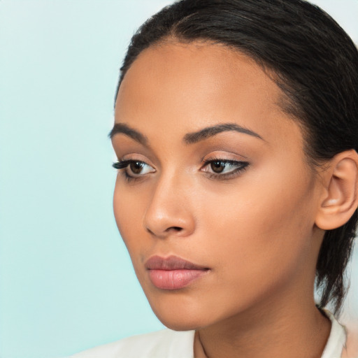 Neutral latino young-adult female with long  brown hair and brown eyes