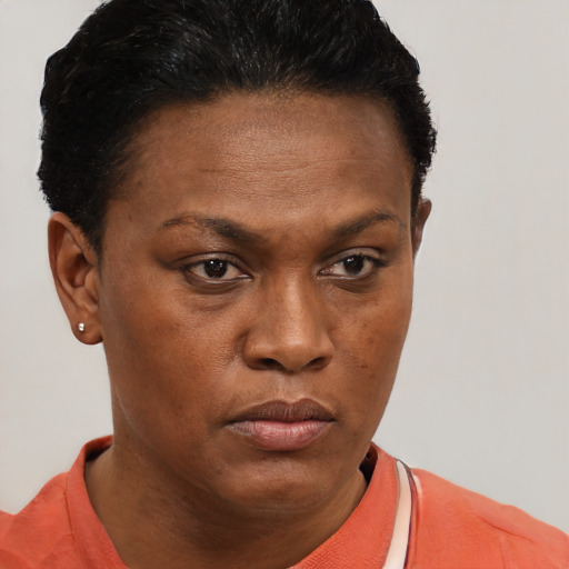 Neutral black young-adult female with short  brown hair and brown eyes