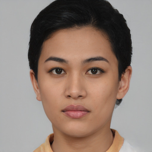 Neutral latino young-adult female with short  black hair and brown eyes