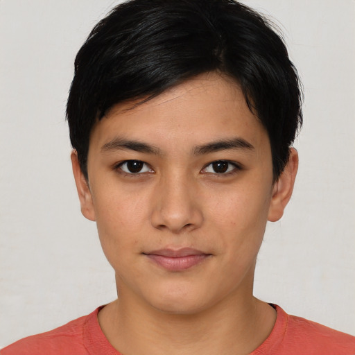 Neutral asian young-adult female with short  black hair and brown eyes