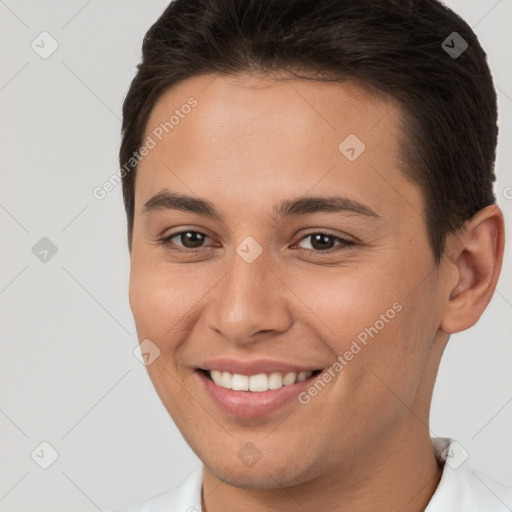 Joyful white young-adult female with short  brown hair and brown eyes