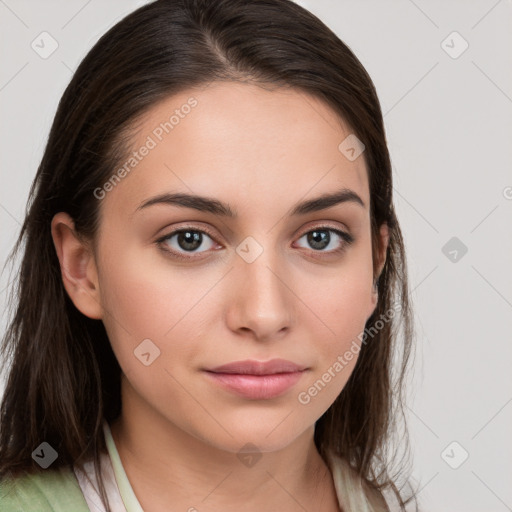 Neutral white young-adult female with medium  brown hair and brown eyes