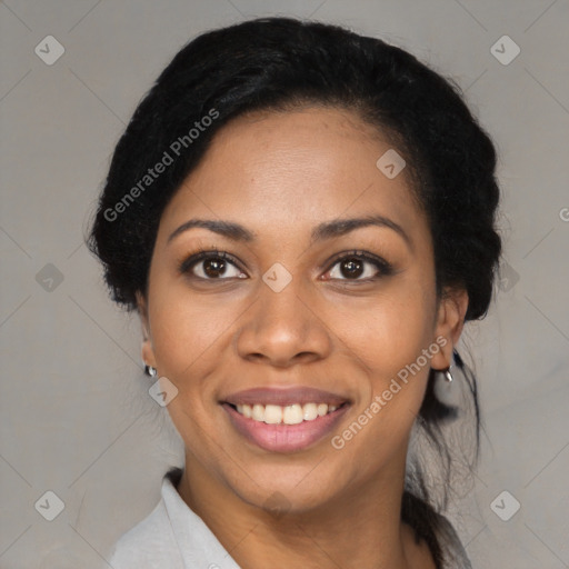 Joyful latino young-adult female with medium  black hair and brown eyes