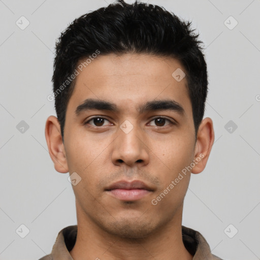 Neutral latino young-adult male with short  black hair and brown eyes