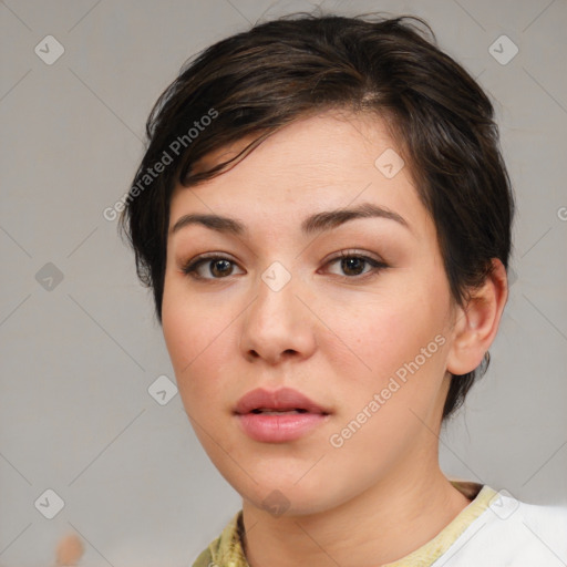 Neutral white young-adult female with medium  brown hair and brown eyes