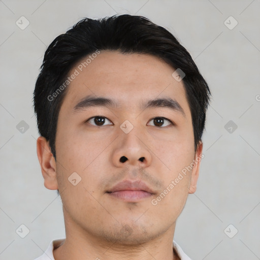 Neutral asian young-adult male with short  black hair and brown eyes