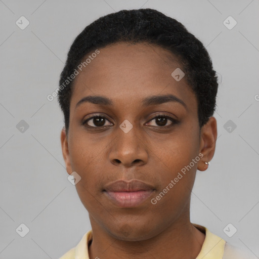 Neutral black young-adult female with short  black hair and brown eyes