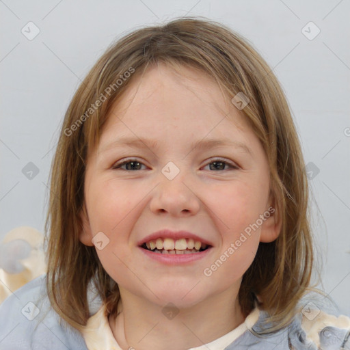 Joyful white child female with medium  brown hair and blue eyes