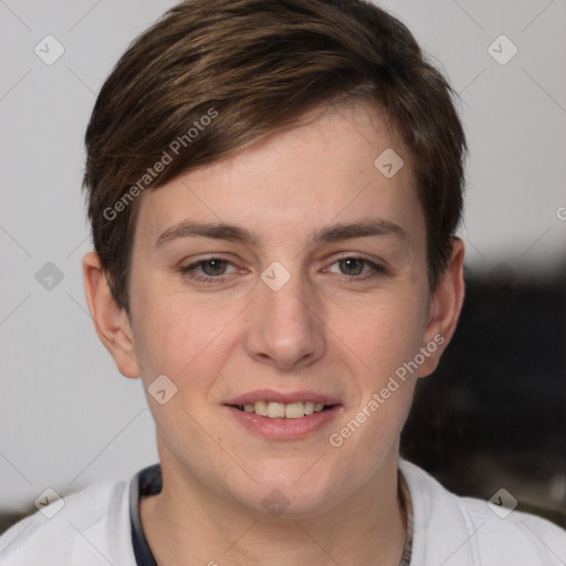 Joyful white young-adult female with short  brown hair and grey eyes