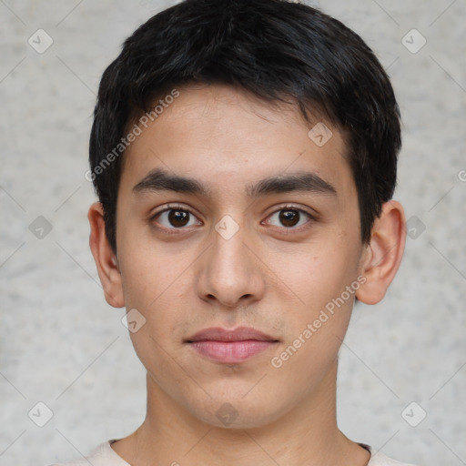 Neutral white young-adult male with short  brown hair and brown eyes