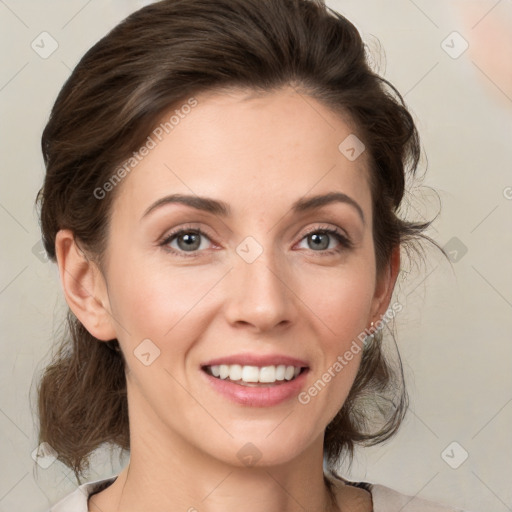 Joyful white young-adult female with medium  brown hair and green eyes