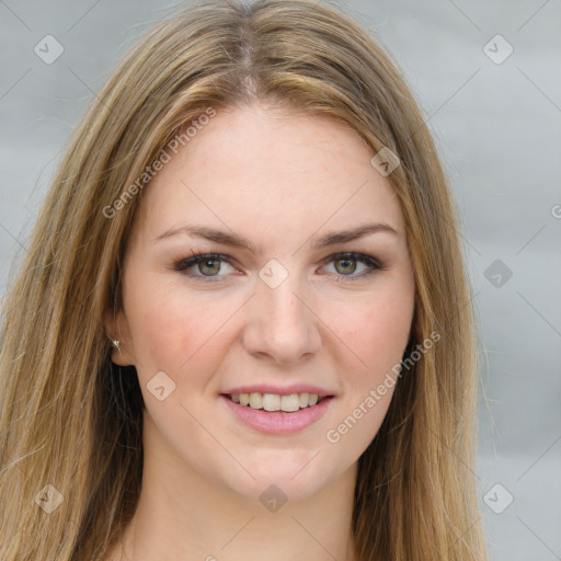 Joyful white young-adult female with long  brown hair and green eyes