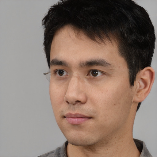 Neutral asian young-adult male with short  black hair and brown eyes