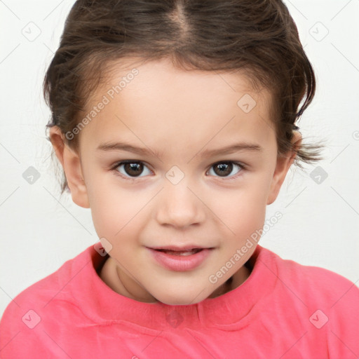 Joyful white child female with short  brown hair and brown eyes