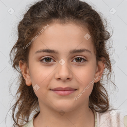 Joyful white child female with medium  brown hair and brown eyes