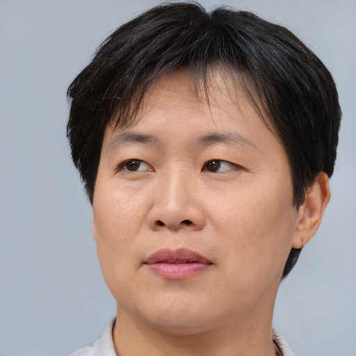 Joyful asian adult female with short  brown hair and brown eyes