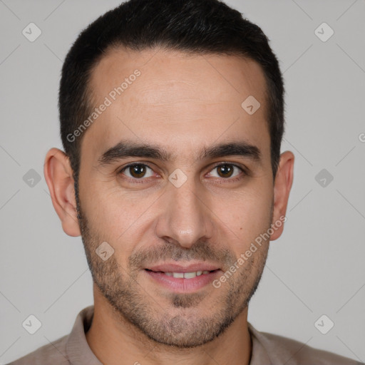 Joyful white young-adult male with short  brown hair and brown eyes